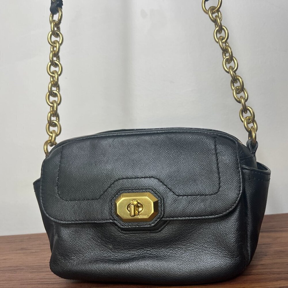 Coach Black Campbell Turnlock Leather Crossbody Camera Bag Chain Strap F24843 - Picture 2 of 9